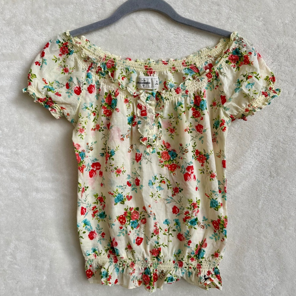 Vintage Abercrombie Kids Floral Peasant Blouse Top Medium Y2K‎ Butter Yellow